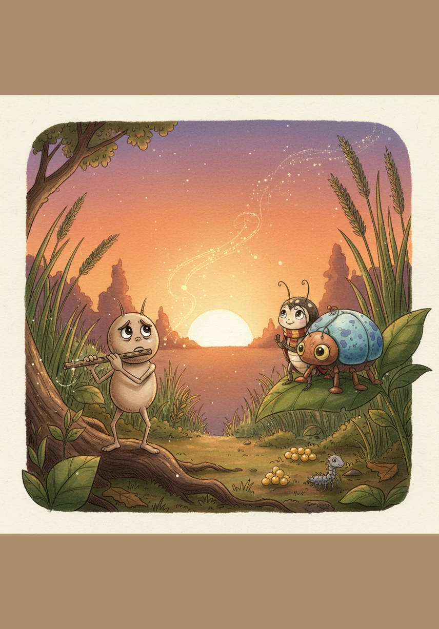 The sun begins to set, painting the garden in shades of orange and purple as the insects gather for the performance. Barnaby stands backstage, clutching his substitute flute and feeling a flutter of nerves in his clay chest. He watches the fireflies begin to glow, signaling the start of the show.