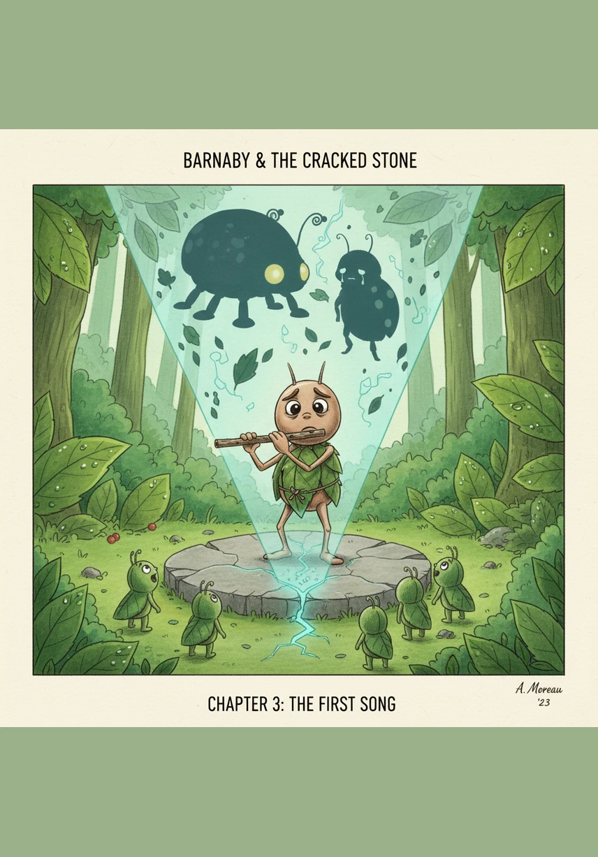 When it is finally Barnaby's turn, he steps onto the stage made of a flat gray stone. The audience whispers, wondering why the famous violinist is holding a piece of wood instead of his golden fiddle. He takes a deep breath and closes his eyes, focusing only on the music inside him.