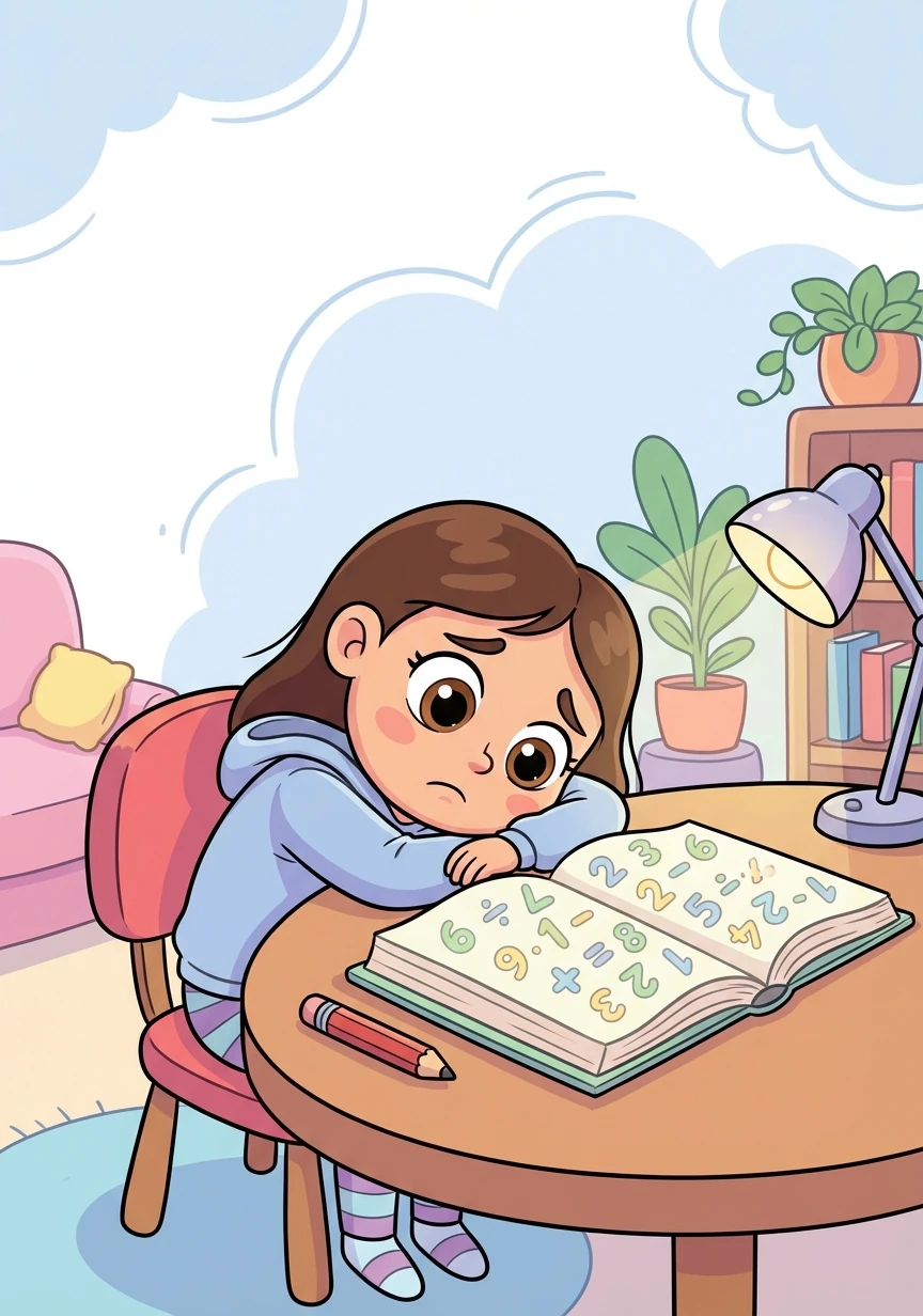 Zara sat at her desk, staring at her math book. She sighed; numbers seemed like a confusing jumble, and she felt unmotivated to even try.