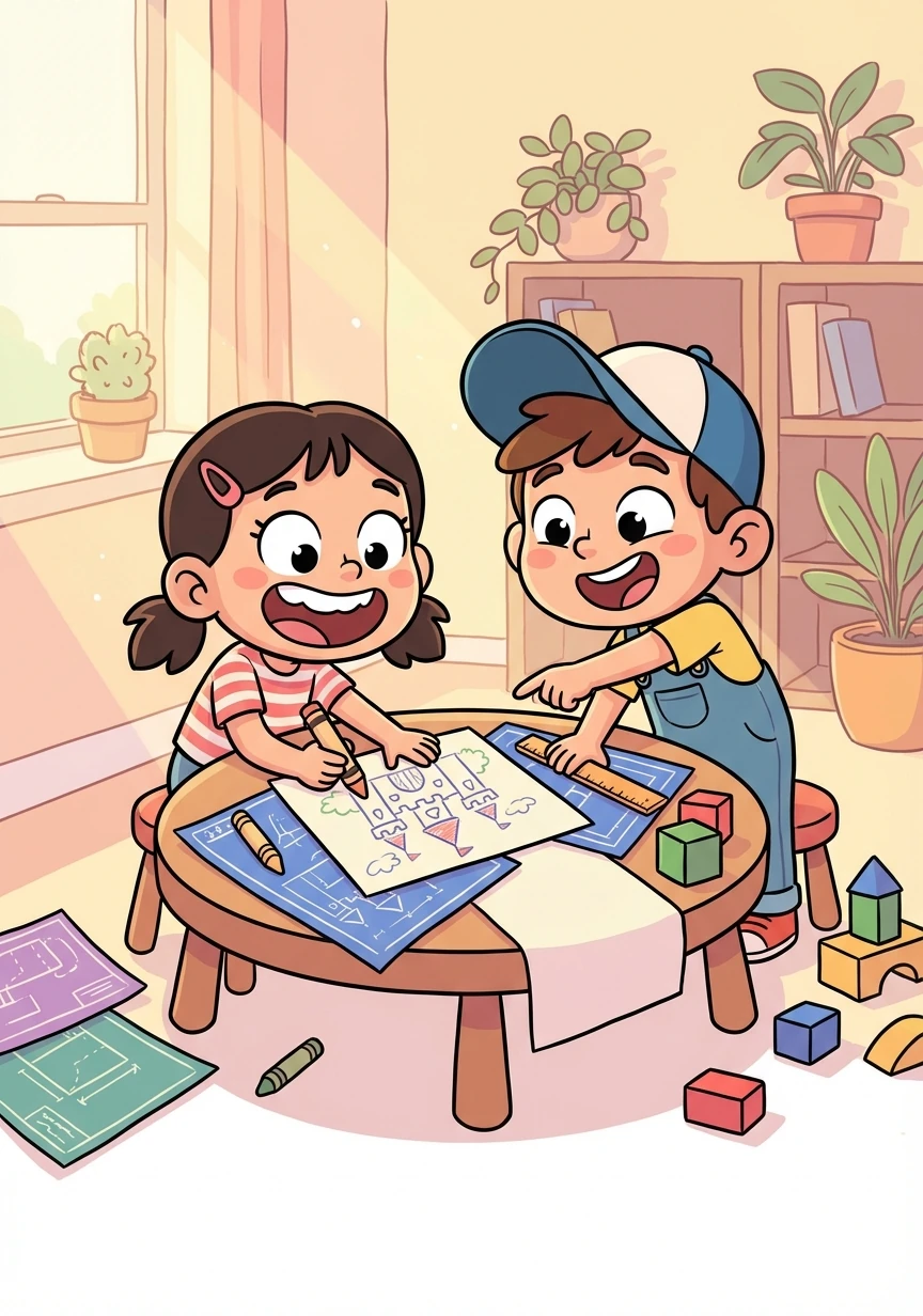 Together, Zara and Leo started planning the castle. Zara felt a surge of excitement. She sketched designs, her initial lack of motivation replaced by creative energy.