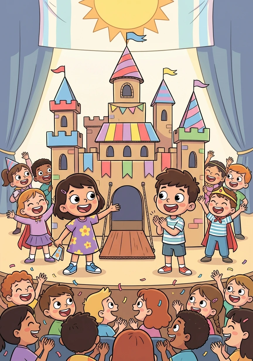 The day of the play arrived. Zara, Leo, and the rest of their class stood proudly before their magnificent castle. The audience cheered.