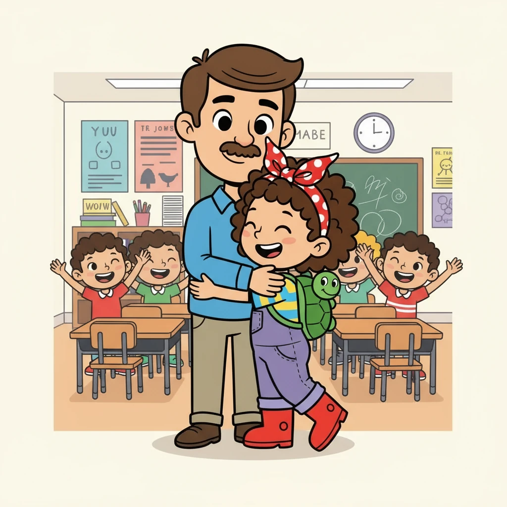 Veronica loved school! She was always excited to see her friends and her teachers. One day, she was particularly happy to see Mr. Davis, her favorite teacher, and gave him a big, unexpected hug.
