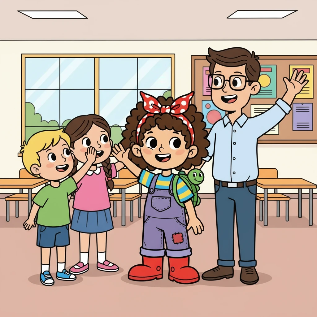 The next day, Veronica practiced waving hello to Mr. Davis and her other teachers. She noticed they smiled back, and it made her feel happy and respected. She also learned to high-five her friends.