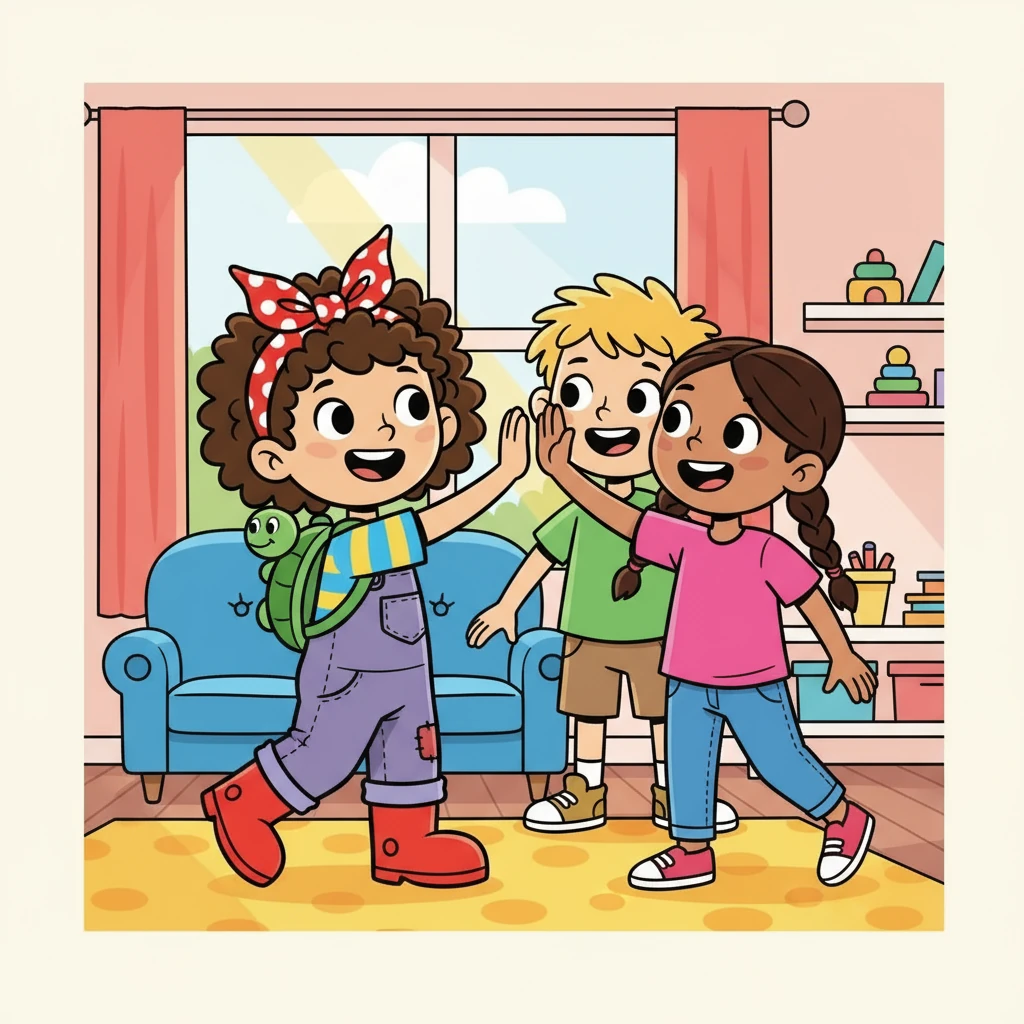 Veronica’s friends came over to play. Veronica was thrilled and gave her best friend a big hug, but remembered the new rules. She asked if her friend wanted a high-five instead. Her friend was happy to high-five her back.