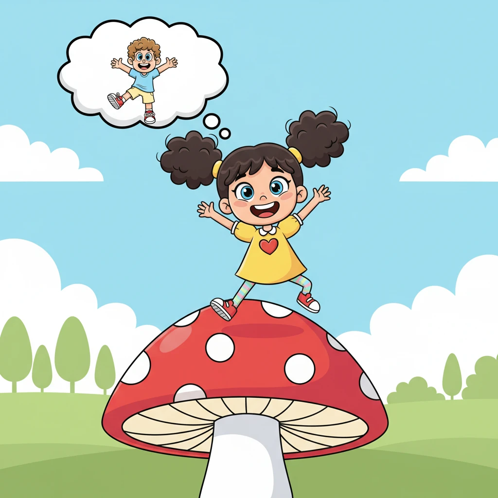 Tina, a cheerful girl with bright pigtails, bounces on a giant mushroom, a wide grin spreading across her face. A thought bubble above her head shows a cute, slightly flustered Brian. Her left leg, already unusually long, begins to stretch out playfully, wiggling with excitement.