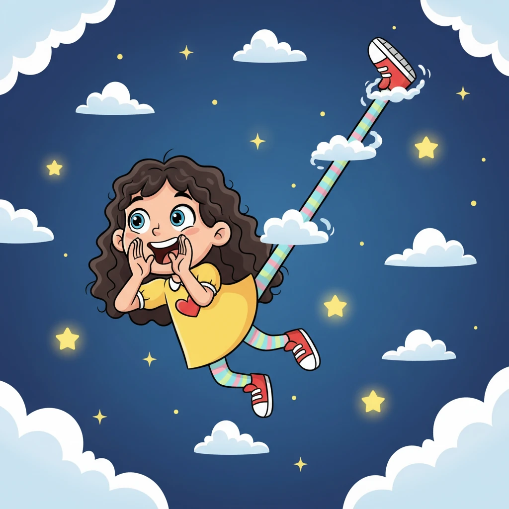 With a joyful giggle, Tina stretches her leg even further, sending it soaring past fluffy clouds and twinkling stars, completely out of frame. She leans forward, her hands cupped around her mouth, calling out with playful anticipation. The leg extends like a bright, colorful noodle across the sky.