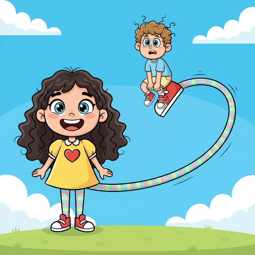 Tina's super-stretchy leg gracefully curves back into view, bringing with it a very surprised Brian perched precariously on its tip. Brian, a small boy with wide, nervous eyes, clings to the end of the leg, looking bewildered by his unexpected journey. His hair is comically ruffled from the trip.