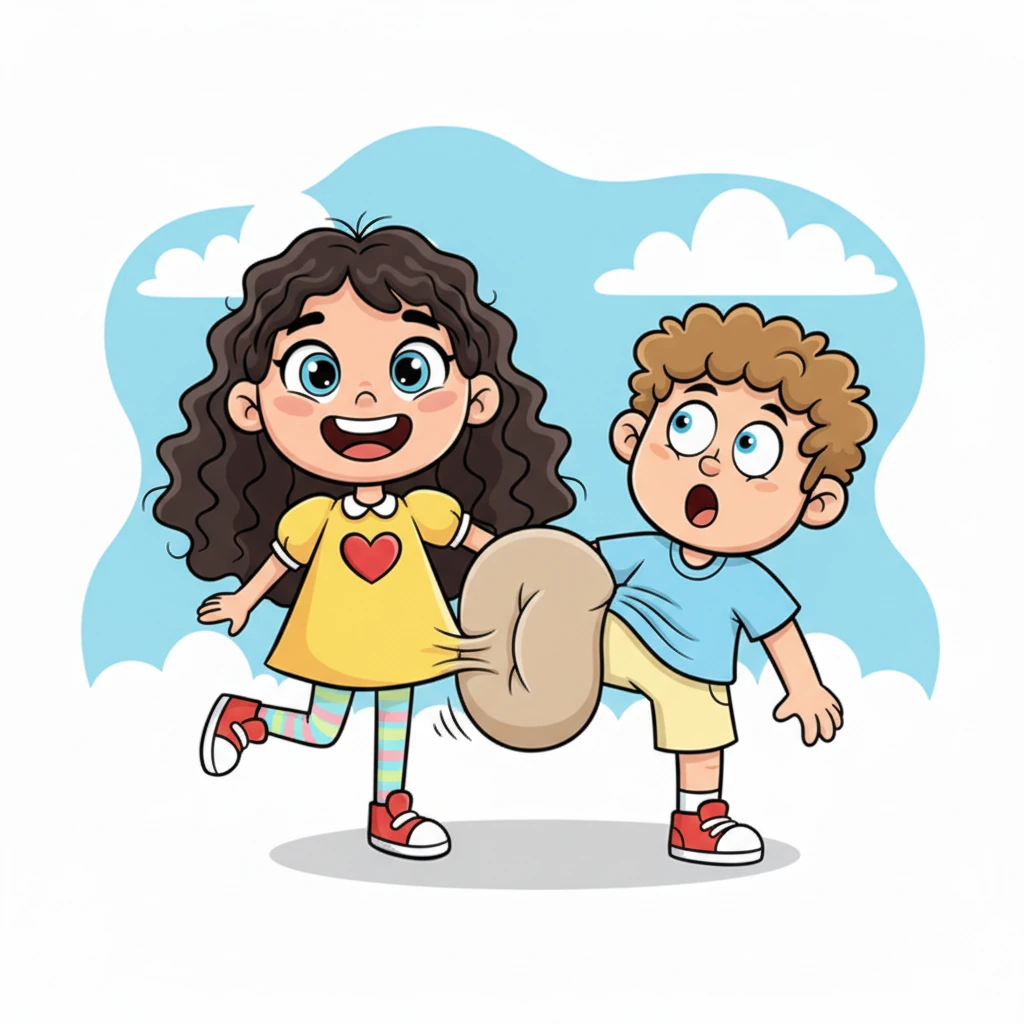 Tina, still full of playful energy, gently nudges Brian with her knee. He finds himself slowly being squeezed between her torso and her foot, which has a soft, cushiony appearance. His expression shifts from mild surprise to comical wide-eyed wonder as the pressure begins to build.