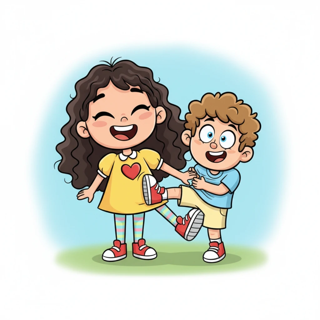 Brian is now wonderfully squished into a comically narrow, flat shape between Tina's soft foot and her giggling torso. His eyes bulge out playfully, and his limbs are flattened against his body, forming a hilariously pancake-like figure. He looks utterly bewildered but completely unharmed.