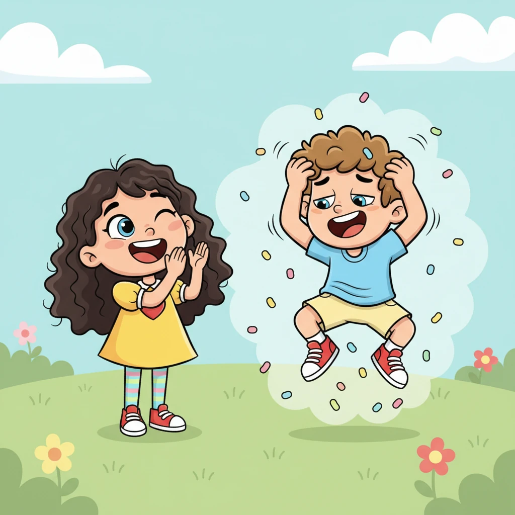 With a soft, cartoon "POP!", Brian is released, springing back to his normal shape in a burst of colorful confetti. He looks a little dazed but grins, shaking his head slightly and dusting off the imaginary confetti. Tina claps her hands in delight, her face alight with laughter at their silly game.