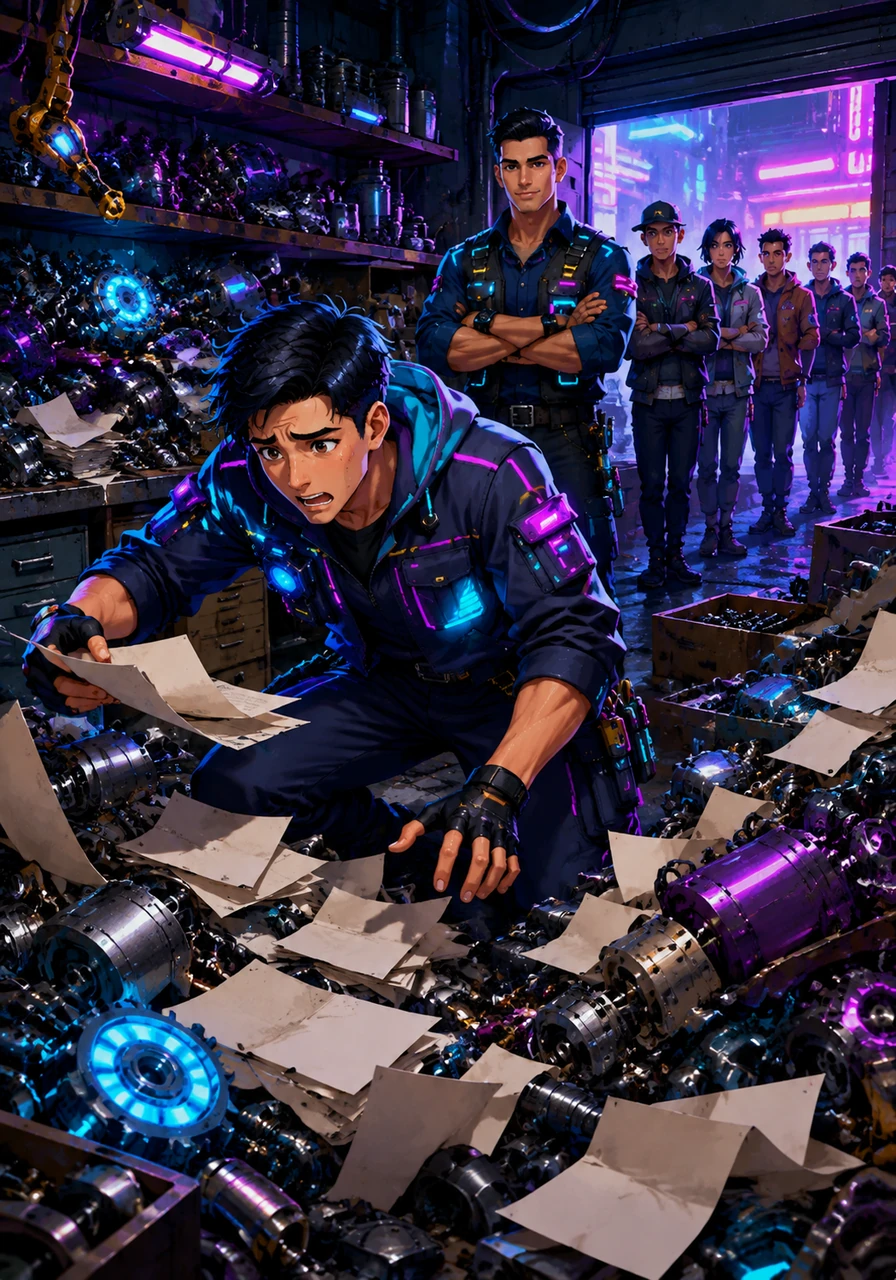 Deep within a vibrant, bustling city, a young, brilliant mechanic named Leo stood inside his family's chaotic workshop, surrounded by mountains of spare parts, glowing gears, and loose paperwork. Customers lined up out the door while Leo scrambled to find a missing invoice, realizing that hard work alone wasn't enough to keep the gears turning.