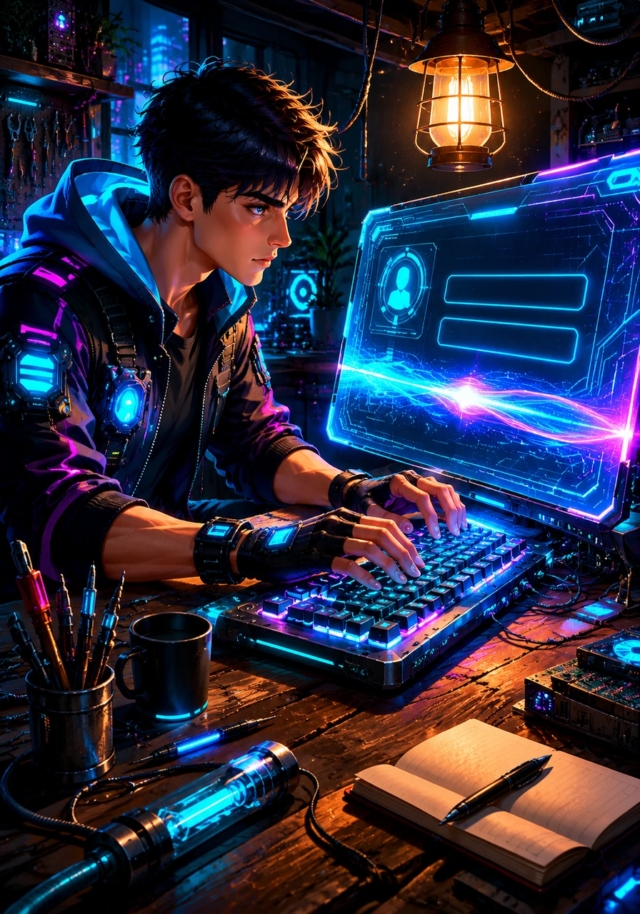 Determined to bring order to the chaos, Leo sat at his wooden desk under the glow of a single lantern, typing furiously into his custom-built terminal to create the ultimate management system. He designed a professional login screen with secure username and password fields, complete with a beautiful, glowing ticker tape where text smoothly glided from left to right.