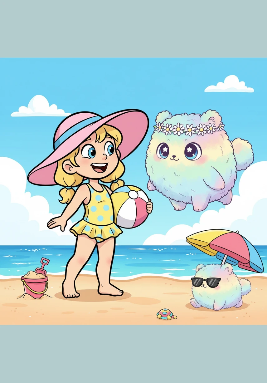 Montana is enjoying a bright, sunny day at the beach with her family all around her. She carefully places her colorful seashells on the warm sand, listening to the gentle sound of the ocean waves.