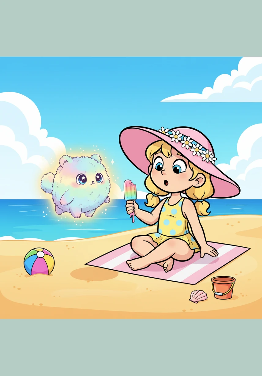 Behind a quiet dune, Montana finds the cutest thing she has ever seen. It is a short, fluffy, multicolored creature with two big blue eyes and a tiny, sweet mouth, busy collecting its own seashells.