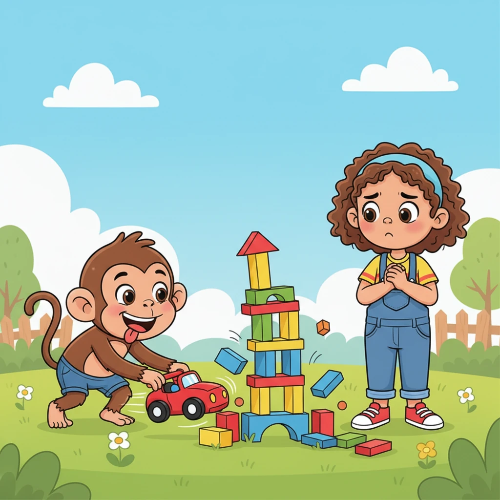 Milo the monkey loved to play! One sunny afternoon, he zoomed his bright red toy car right through the block tower his friend Lily had carefully built, sending colorful blocks tumbling everywhere. Milo giggled, but a small frown appeared on Lily's face.