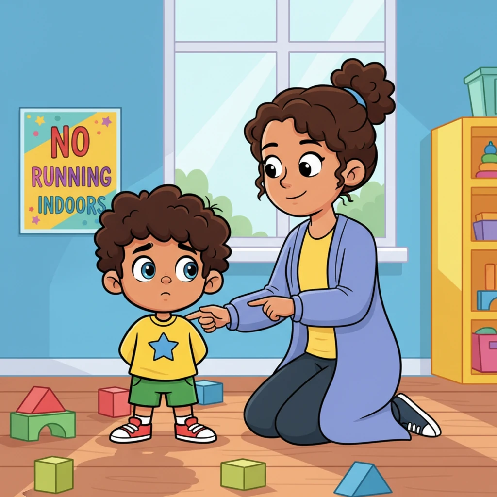 Suddenly, Ms. Periwinkle, their kind teacher, gently knelt beside Milo. She pointed to the scattered blocks and then to the 'No Zooming Indoors' sign on the wall. Milo's playful grin started to fade as he looked at the rule he had forgotten.