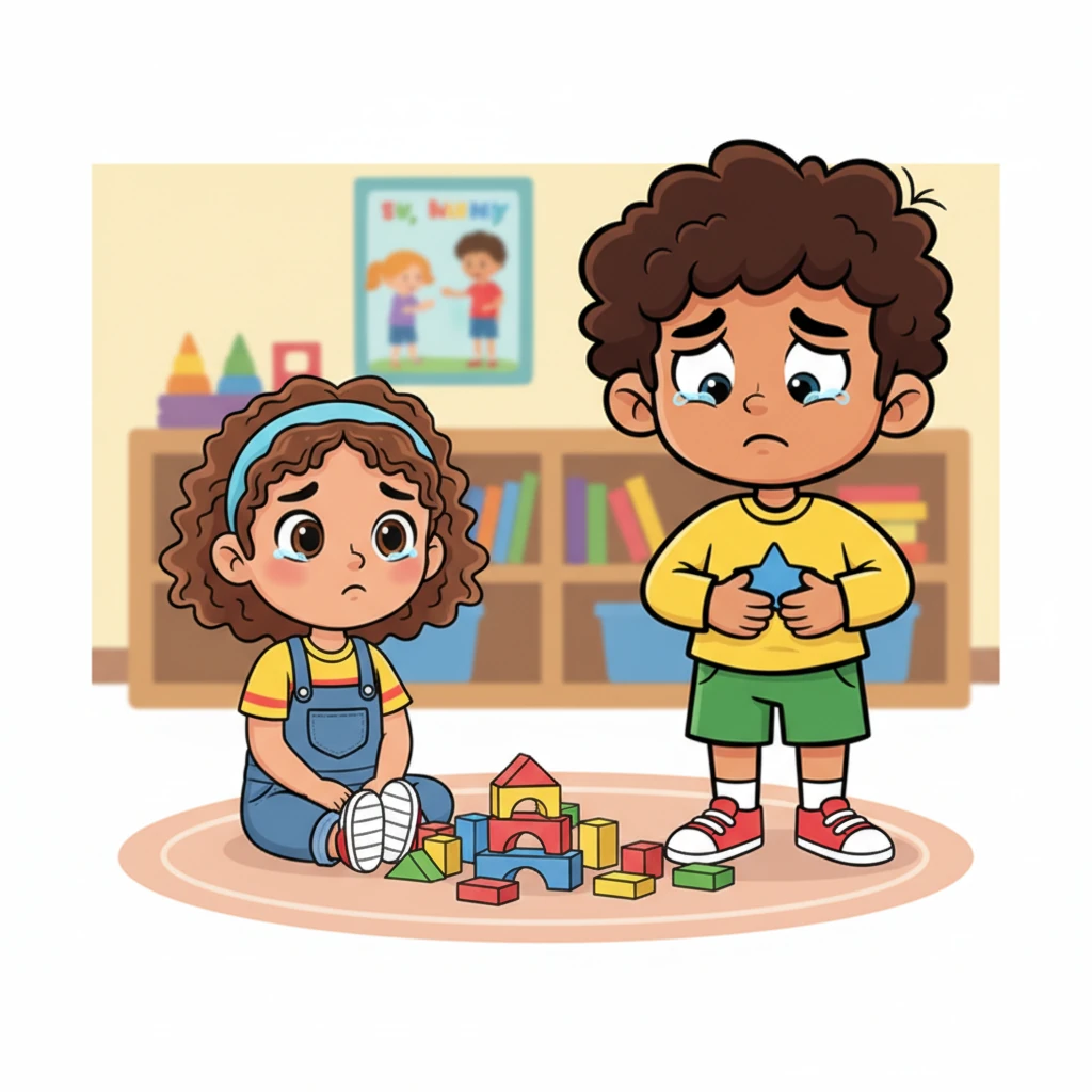 Milo looked at the messy blocks and then at Lily's sad expression. A little knot formed in his tummy. He realized his fun had accidentally made someone else feel bad, and he hadn't followed an important classroom rule.