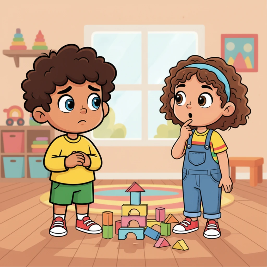 Milo turned to Lily, his big, round eyes filled with sincerity. 'Lily,' he said softly, 'I am so sorry for knocking down your block tower.' He truly meant it, feeling a bit better just by saying the words.