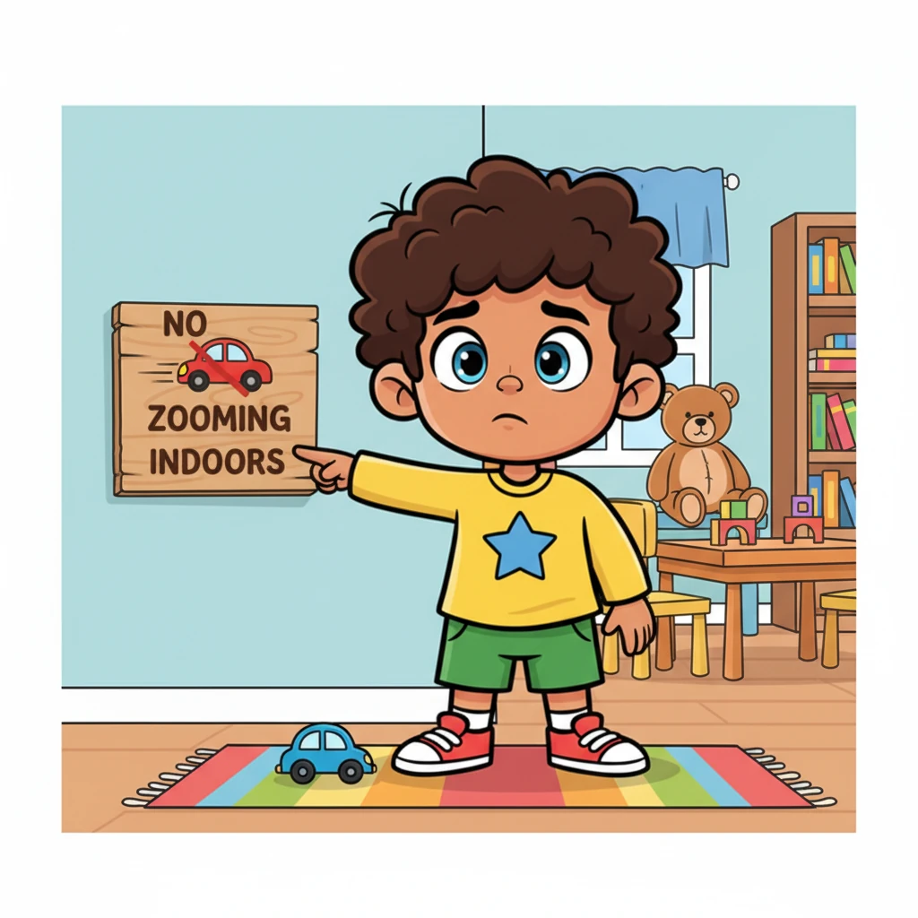 Then, Milo remembered the next step. 'I am sorry because I zoomed my car inside, and the rule is to walk and play gently with toys indoors,' he explained, pointing to the 'No Zooming Indoors' sign.