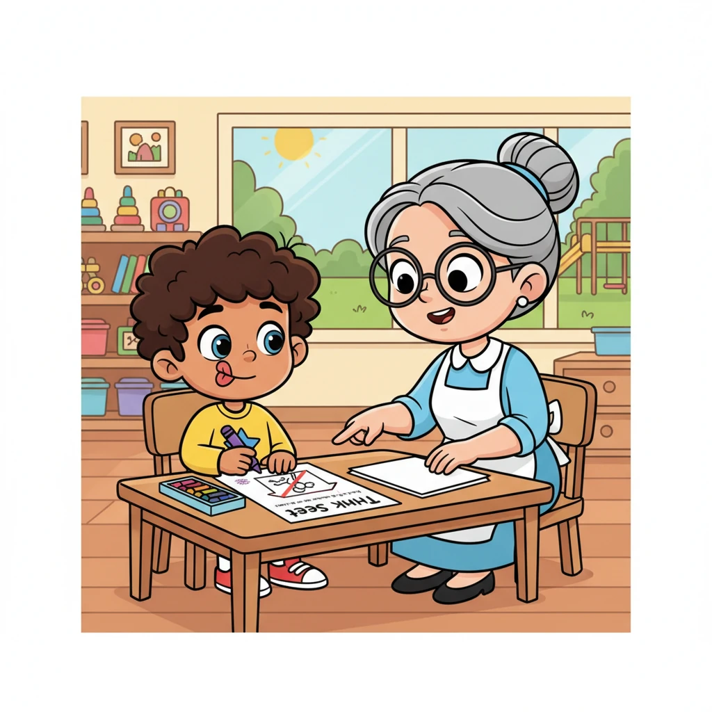 Later, Milo sat at a small table with Ms. Periwinkle. He carefully filled out a 'Think Sheet,' drawing a picture of the 'No Zooming Indoors' rule and writing why it was important to keep everyone safe and happy.