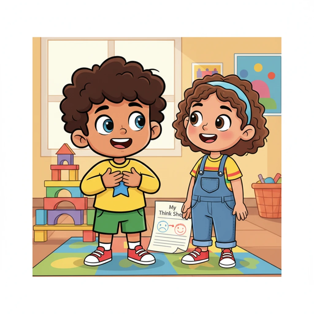 With the blocks tidied, a new tower built, and his Think Sheet complete, Milo felt a warm, happy feeling spread through him. He had faced his mistake, made amends, and learned something new. Lily was smiling again, too!