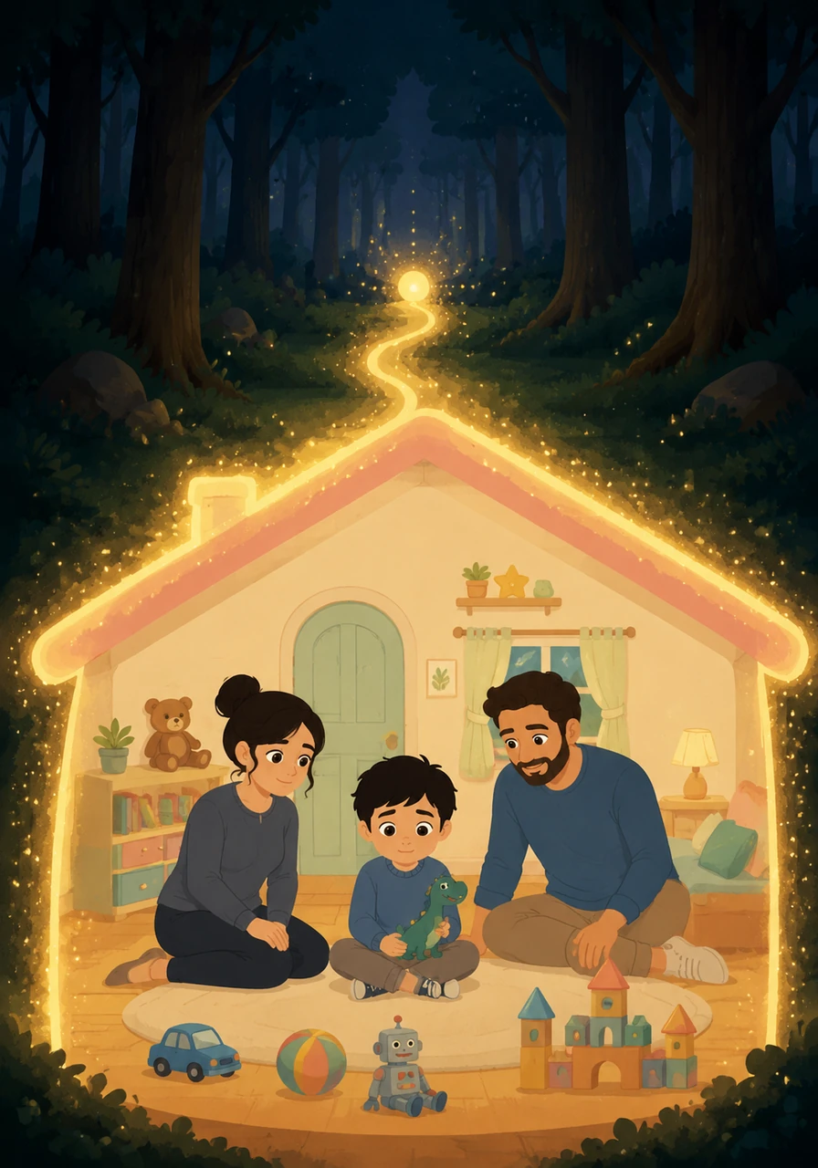 En el corazón de un bosque profundo y oscuro, una pequeña luz comienza a brillar con calidez. Esta luz se transforma en una casa acogedora de paredes suaves y colores pasteles donde vive un niño llamado Mateo rodeado de sus juguetes favoritos.