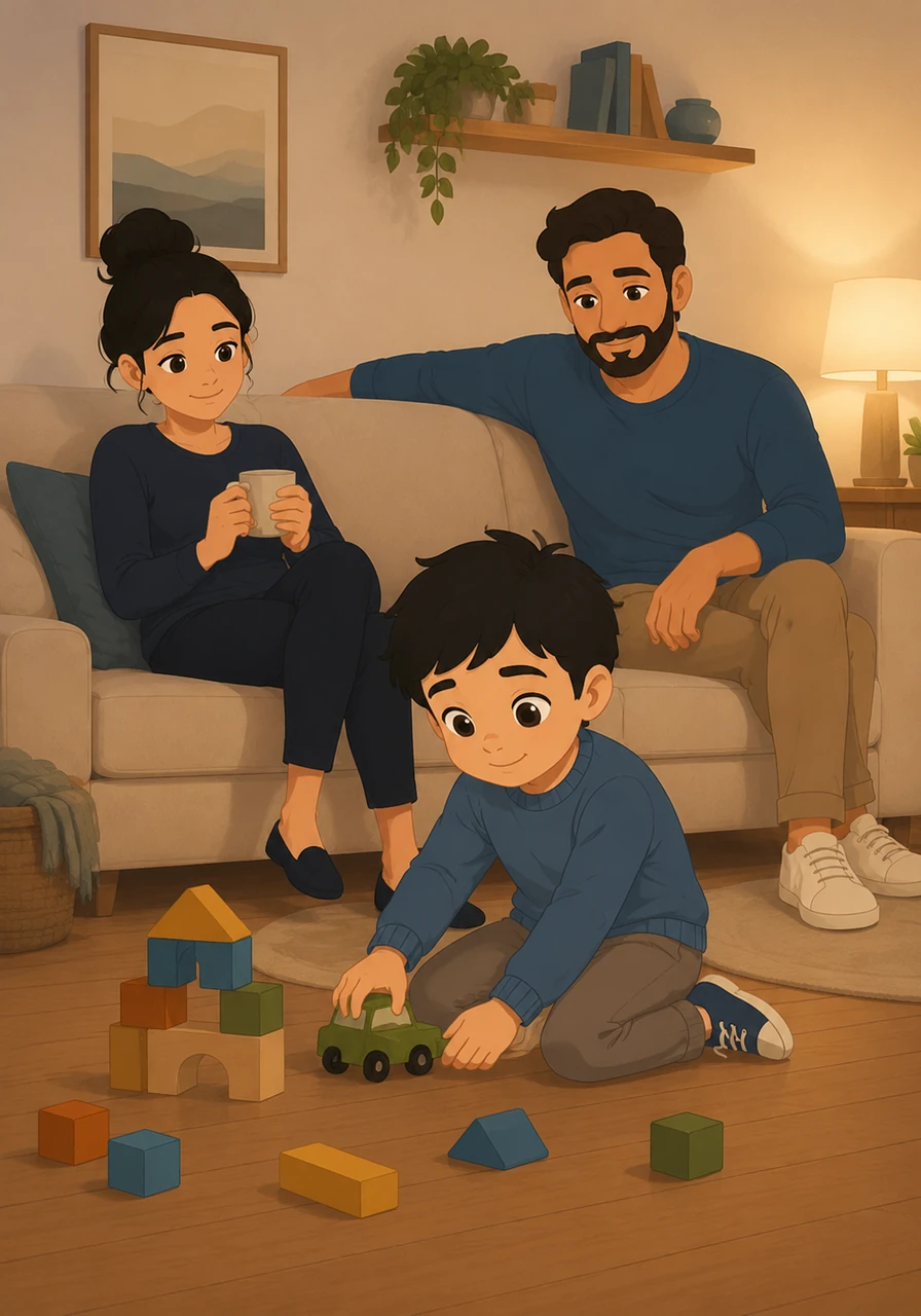 El interior de la casa es un lugar de paz absoluta, con una iluminación suave que resalta la comodidad del hogar. Mateo juega tranquilamente en el suelo de madera, sintiéndose completamente seguro mientras el mundo exterior parece estar muy lejos.