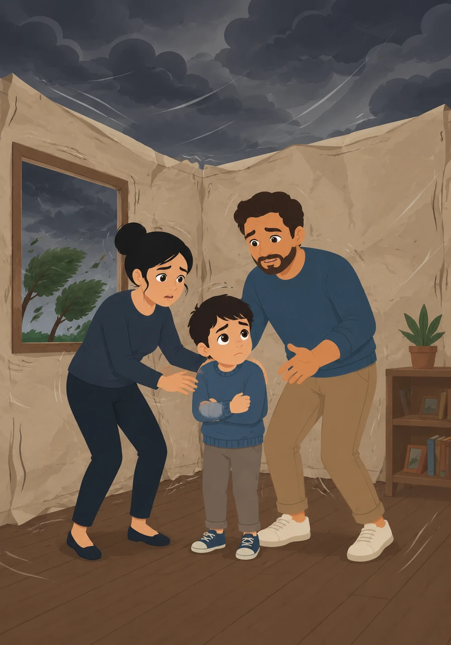 De repente, el cielo exterior se llena de nubes grises y pesadas que anuncian una tormenta de estrés inminente. El viento empieza a soplar con fuerza, haciendo que las paredes de la casa, que ahora parecen de papel fino y delicado, comiencen a vibrar con nerviosismo.
