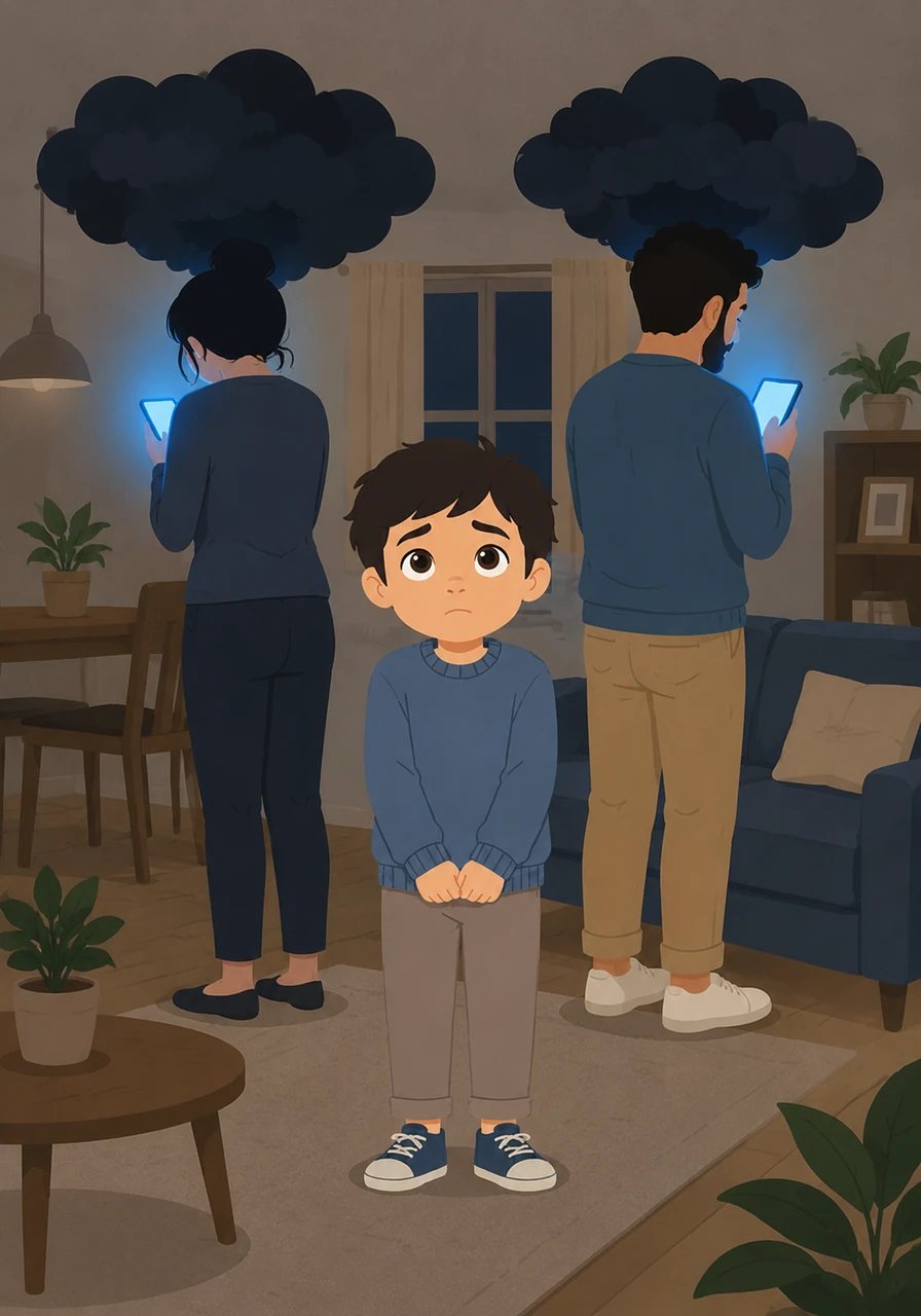 Dentro de la casa, los padres de Mateo están de espaldas, atrapados en el resplandor azul de sus teléfonos móviles. Nubes negras de humo denso flotan sobre sus cabezas, representando las preocupaciones del trabajo que les impiden ver lo que sucede a su alrededor.