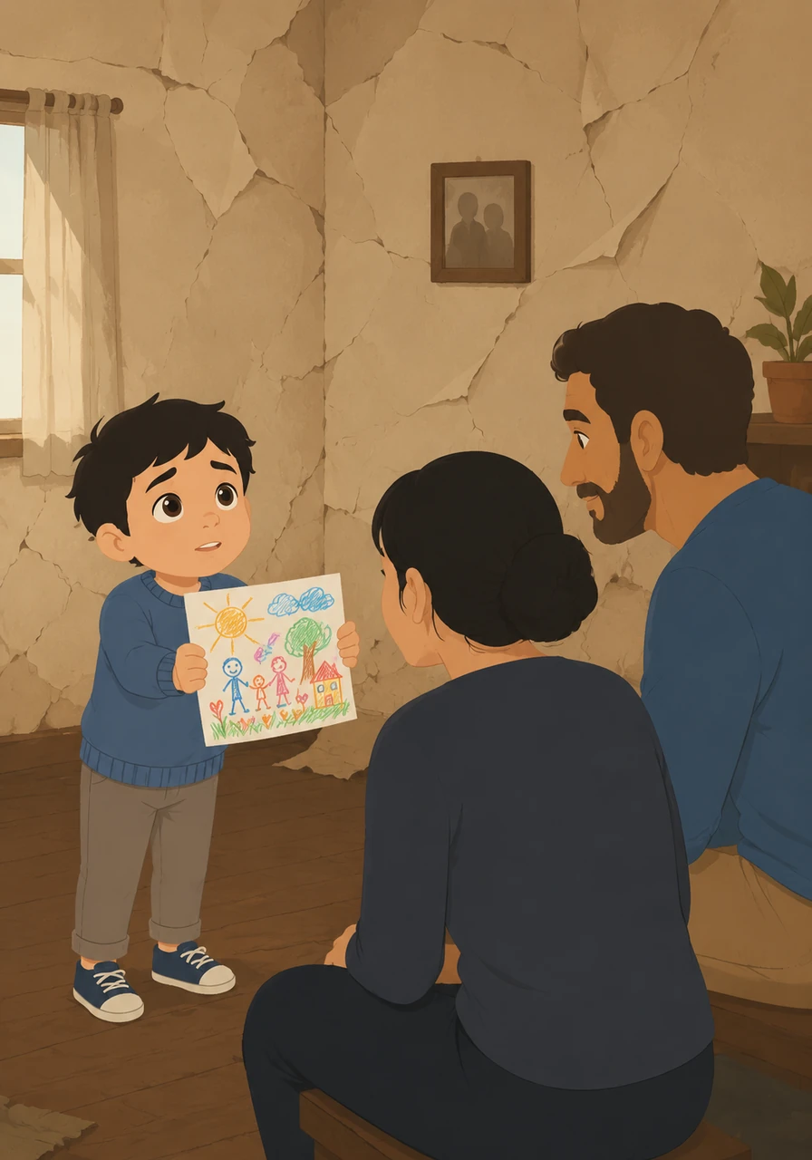 Mateo se acerca tímidamente con un dibujo lleno de colores en sus manos, buscando una mirada o una palabra de aliento. Las paredes de la casa se arrugan como papel viejo y desgastado mientras el niño susurra con esperanza que miren su pequeña obra de arte.