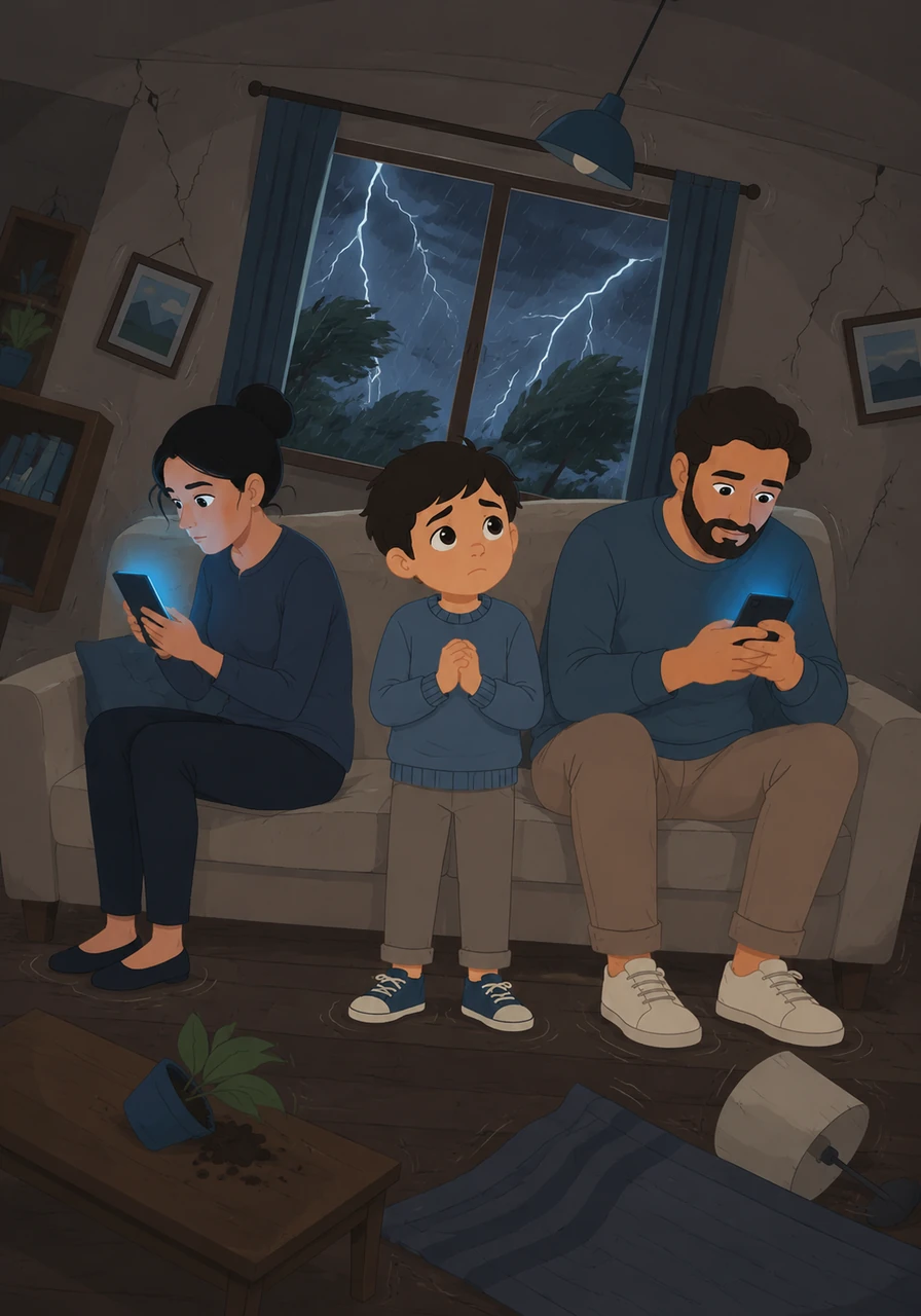 La tormenta arrecia afuera y los padres, distraídos por sus pantallas, responden con frialdad que están demasiado ocupados. La casa se siente pequeña y frágil, balanceándose peligrosamente bajo la presión de la falta de conexión emocional.