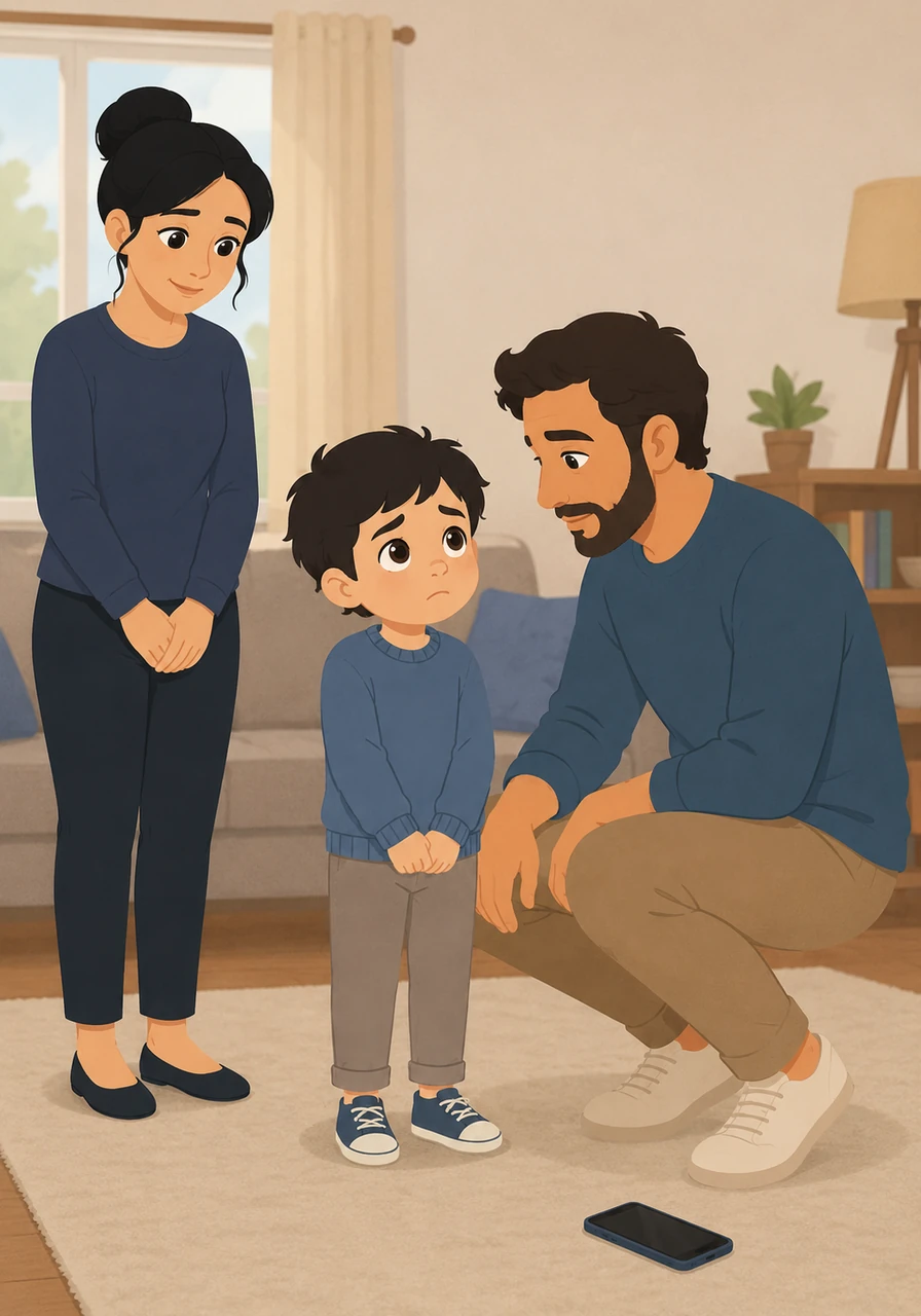 Al notar la profunda tristeza en los ojos de su hijo, el padre de Mateo deja su teléfono a un lado y el humo negro sobre él se disipa instantáneamente. Se agacha con ternura hasta quedar a la altura de Mateo, rompiendo la barrera invisible que los separaba.