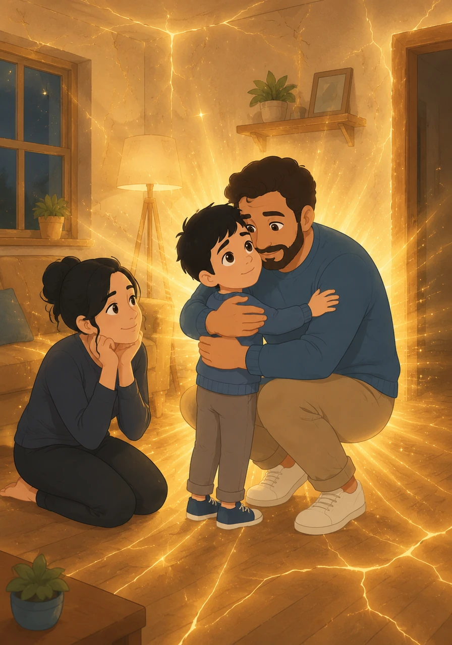 Un abrazo cálido y profundo envuelve a Mateo, y el padre comienza a preguntarle con interés genuino sobre los detalles de su dibujo. En ese instante, un brillo dorado emana del centro de la habitación, recorriendo cada rincón y grieta del hogar.