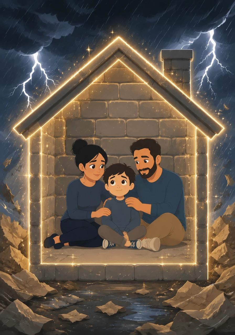 Las paredes de papel arrugado se transforman mágicamente en bloques de piedra sólida, firme y reluciente, volviendo la casa invulnerable a cualquier tormenta exterior. La seguridad y el amor compartido han convertido el refugio en una fortaleza indestructible.