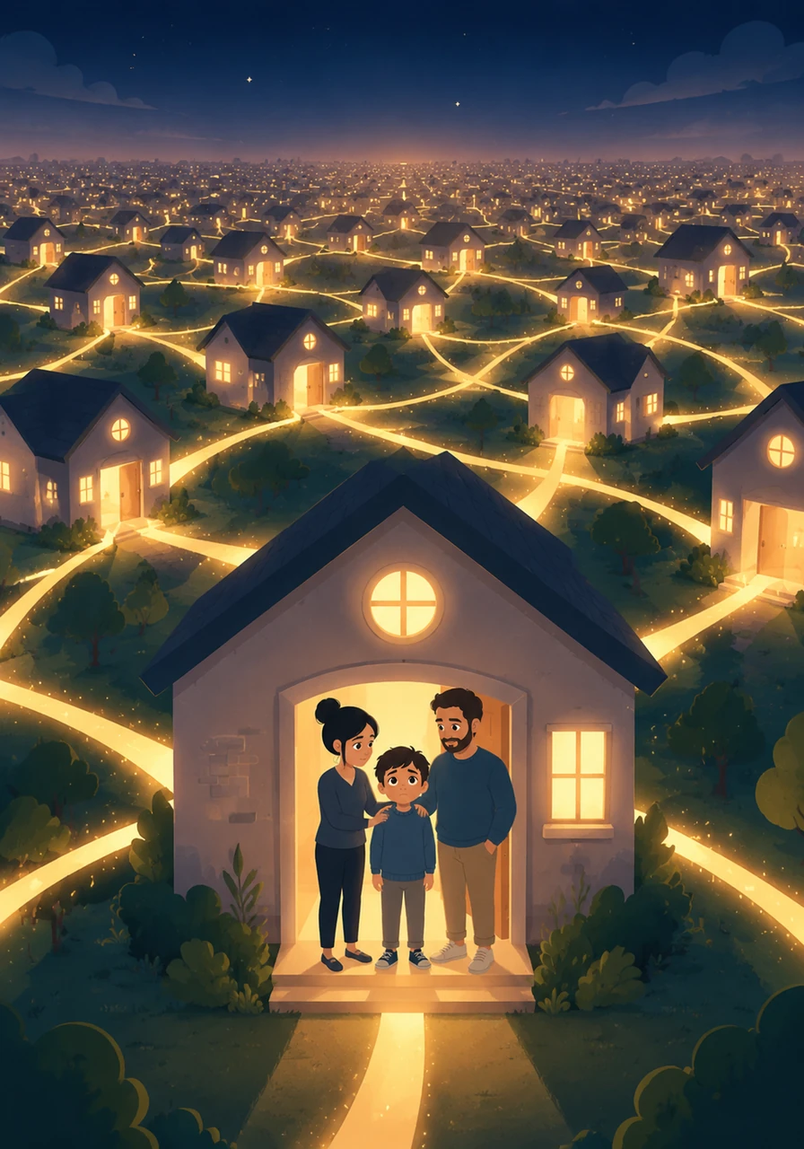 Al alejarse la cámara, descubrimos que la casa de Mateo no está sola, sino rodeada de miles de casas-refugio similares en el horizonte. Puentes de luz brillante conectan cada hogar, formando una red infinita de protección y amor que ilumina todo el mundo.