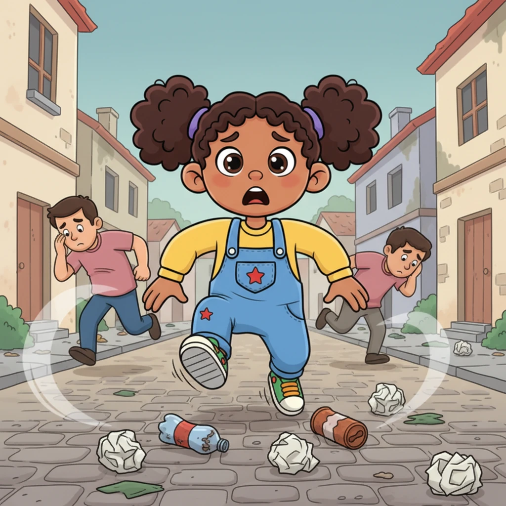 But as years passed, a strange "haste virus" crept into Villalimpia, making everyone walk faster and forget their shared home. Respect for nature began to fade like smoke, and phrases like "throw it on the ground, no one will notice!" became common. Soon, "grey visitors"—crumpled papers, empty plastic bottles, and rusty cans—cluttered the streets, tripping the elders.