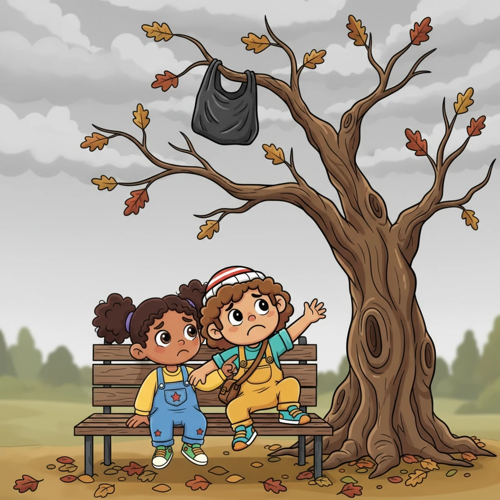 One dreary autumn afternoon, with grey clouds covering the sun, Anita and Benito sat on a park bench, their faces full of sorrow. They watched a grand old oak tree, its highest branches tangled with a black plastic bag, like a trap preventing its leaves from dancing. Benito tried to climb up to free it, but it was too high.