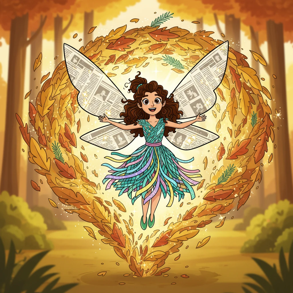 Suddenly, a whirlwind of dry leaves, golden sparks, and the scent of pine spun before them, growing brighter and brighter. From its shimmering center emerged Recisla, the Transformation Fairy, her appearance truly amazing. Her wings, made of old newspaper sheets, sparkled like diamonds, and her dress was woven from rescued fishing nets and colorful fabric scraps.