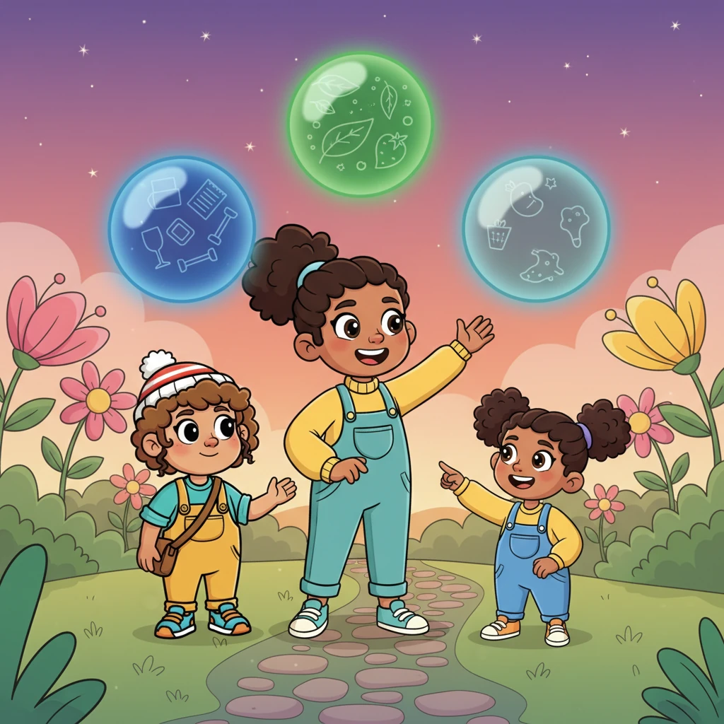 To guide them, Recisla waved her hand, and three glowing spheres of light appeared before the children. A brilliant blue sphere represented the "Invincible Team" (paper, glass, metal) that could be reborn endlessly. A lush green sphere showed the "Mother Earth Team" (food scraps) that transformed into rich compost for plants. Finally, a soft grey sphere was for the "Non-Recyclable Team," reminding them to use these items as little as possible.