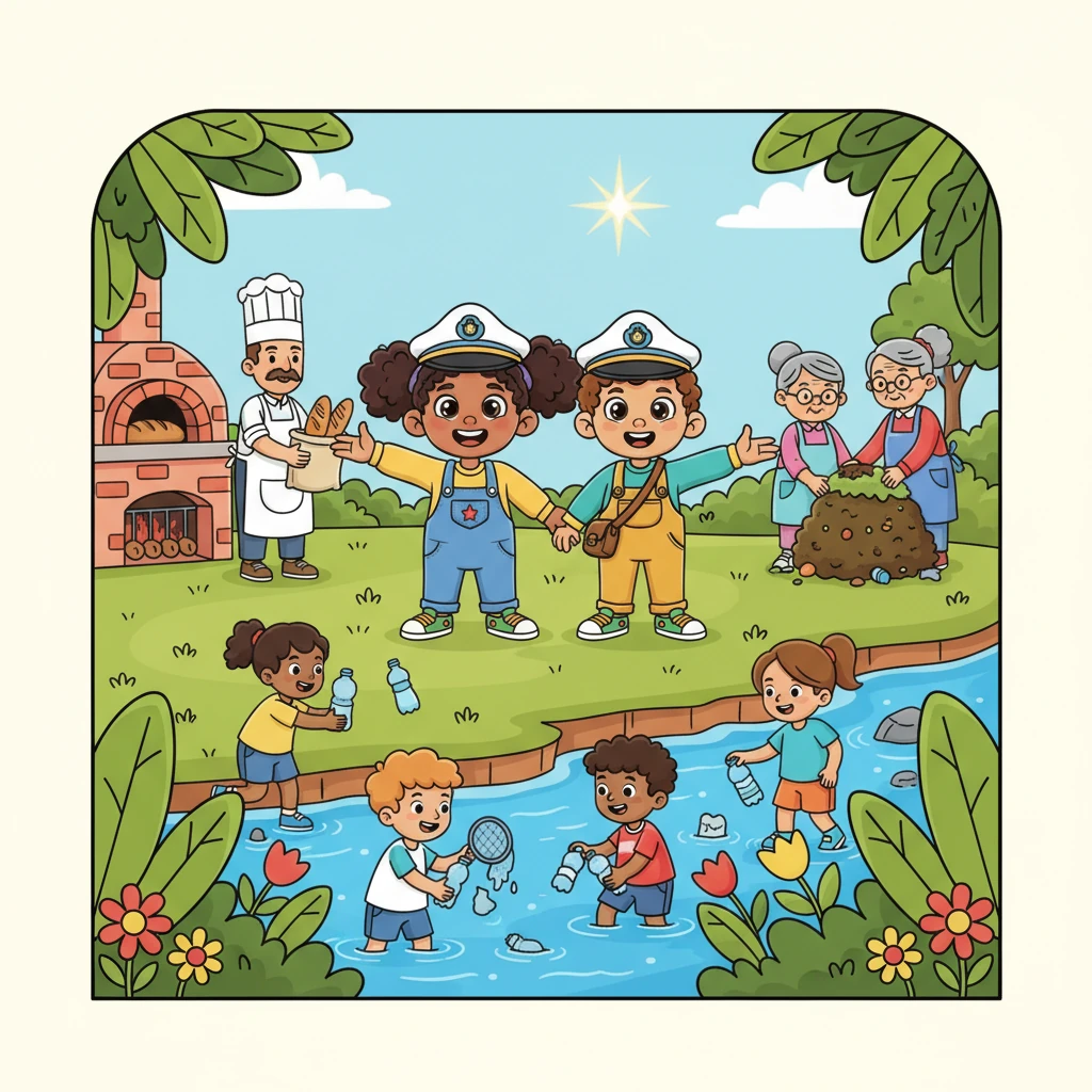 Before departing with a bright flash, Recisla entrusted Anita and Benito with the secret code of the 8 R's: Reflect, Reject, Reduce, Reuse, Repair, Recover, Rethink, and Recycle. Armed with this knowledge and a seed of hope, Anita and Benito became the "Captains of Cleanliness." They inspired everyone, from the baker who started using cloth bags to neighbors making compost, and children enthusiastically cleaning the riverbanks.