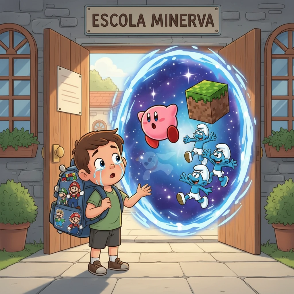 De repente, um portal mágico surge diante de Gabriel! Da abertura, saem o Kirby, os Smurfs e um bloco misterioso do Minecraft. Gabriel, espantado, esquece as lágrimas e observa com curiosidade.