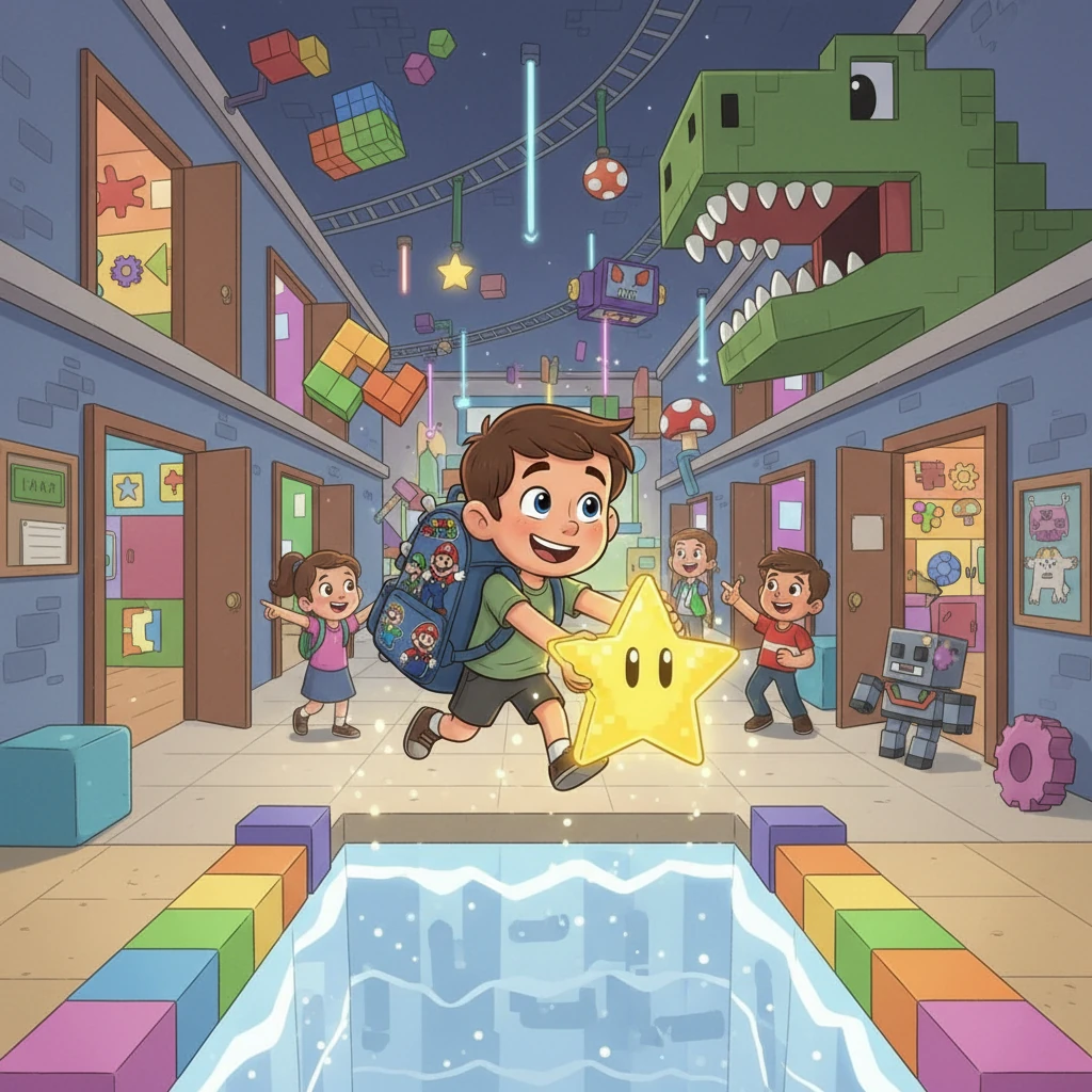 A escola transforma-se num parque de diversões! Cada sala de aula é um novo nível de Roblox, com desafios e recompensas. Os amigos de Gabriel ajudam-no a completar as missões, e ele sente-se forte e confiante.