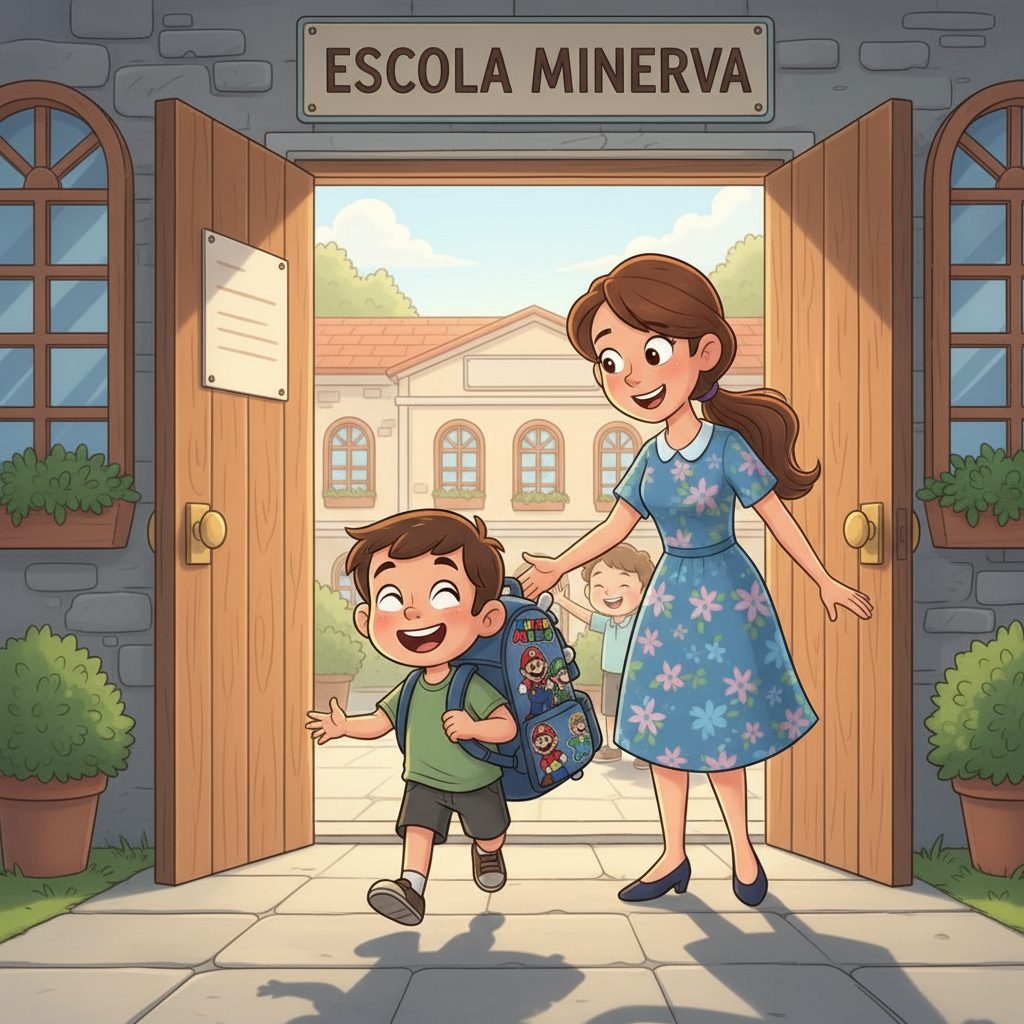 Ao final do dia, o pai e a mãe de Gabriel vêm buscá-lo. Gabriel corre para os braços deles, radiante. Ele percebe que a escola, tal como o portal mágico, é um lugar cheio de aventuras e amigos.