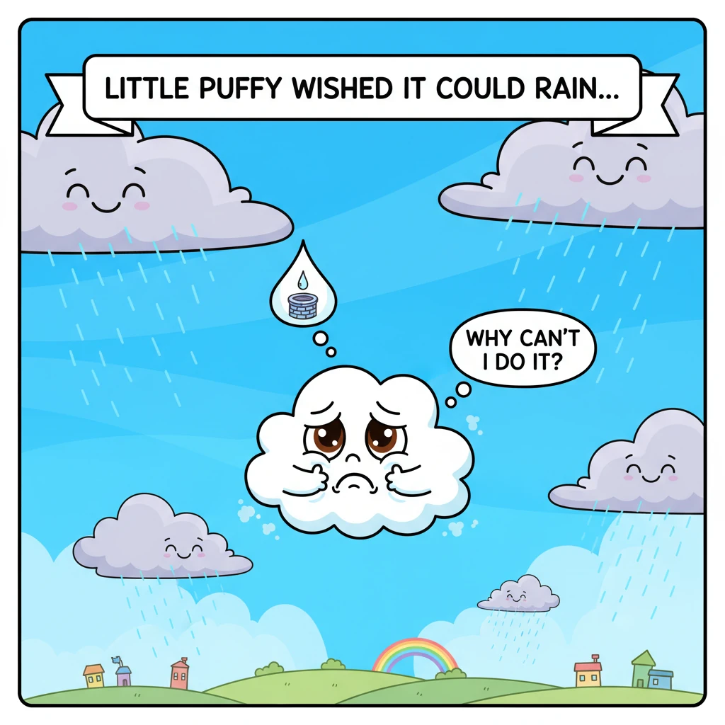 Little Puffy, a fluffy white cloud, floated high in the sky, feeling a little droopy. All around, big, billowy clouds were happily showering the world