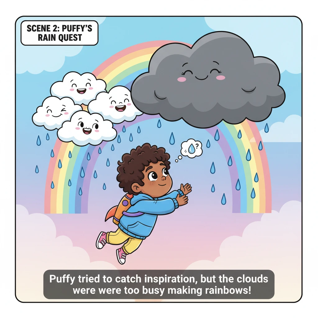 Puffy tried to playfully bump into a big rain cloud, hoping to catch a drop or two of inspiration. But the other clouds were too busy giggling and mak