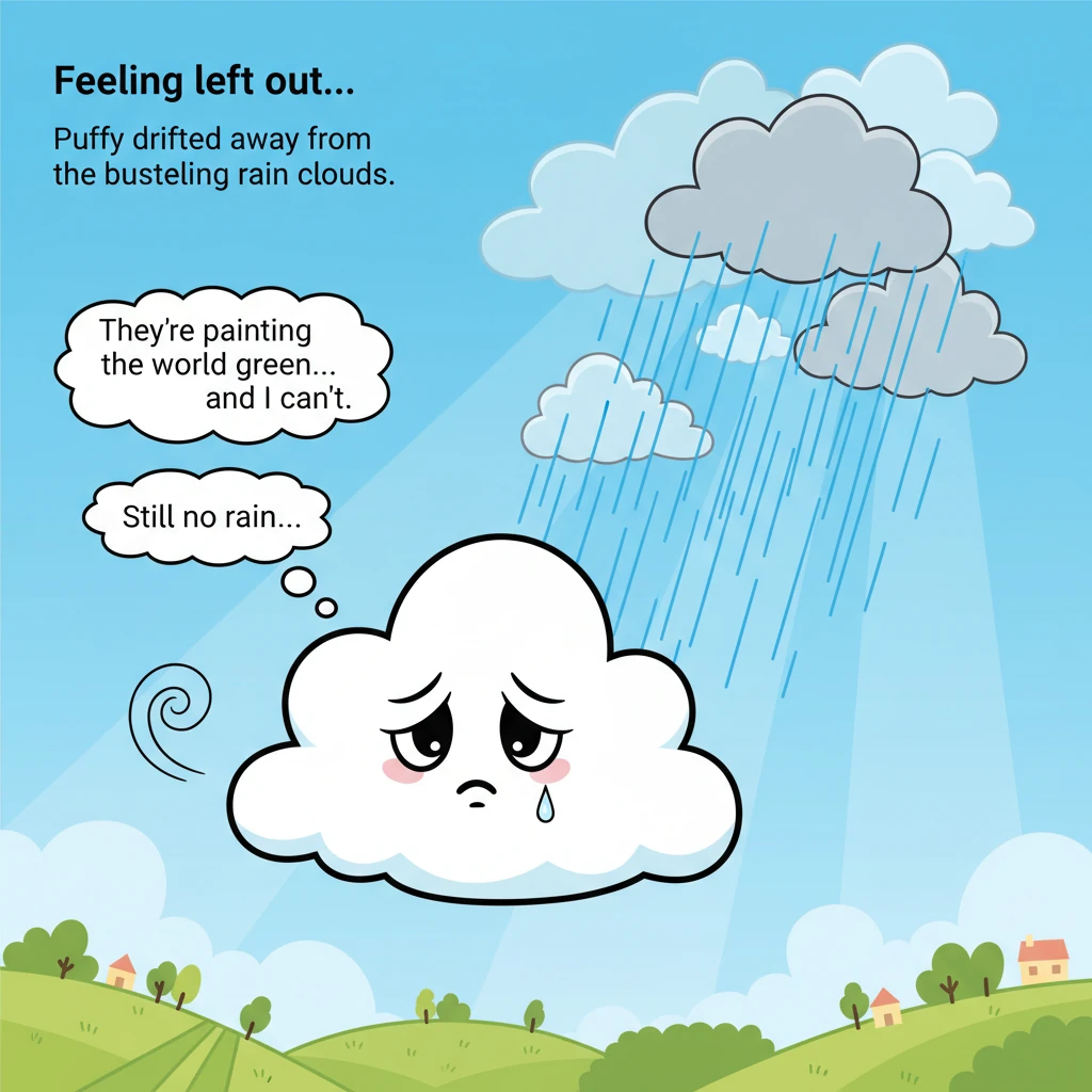 Feeling left out, Puffy drifted away from the bustling rain clouds. It watched them paint the world green with their refreshing showers, a wistful sig