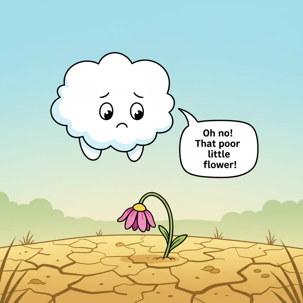 As Puffy floated lower, a sad sight caught its eye. On a dry, cracked patch of earth, a tiny, vibrant flower was wilting, its petals droopy and its st