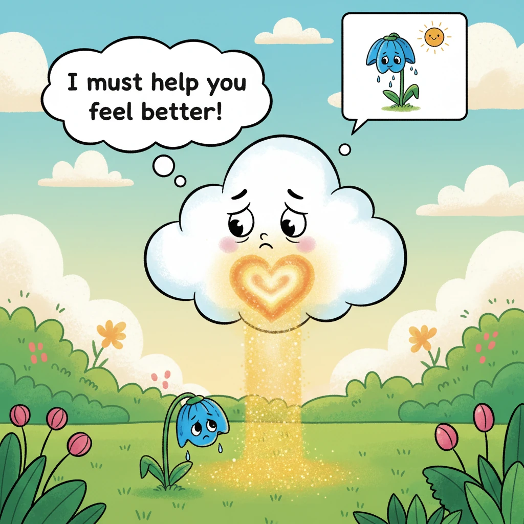 Puffy's heart, if clouds had hearts, ached for the little flower. A strong surge of warmth and care bubbled up inside it. All Puffy wanted was to help