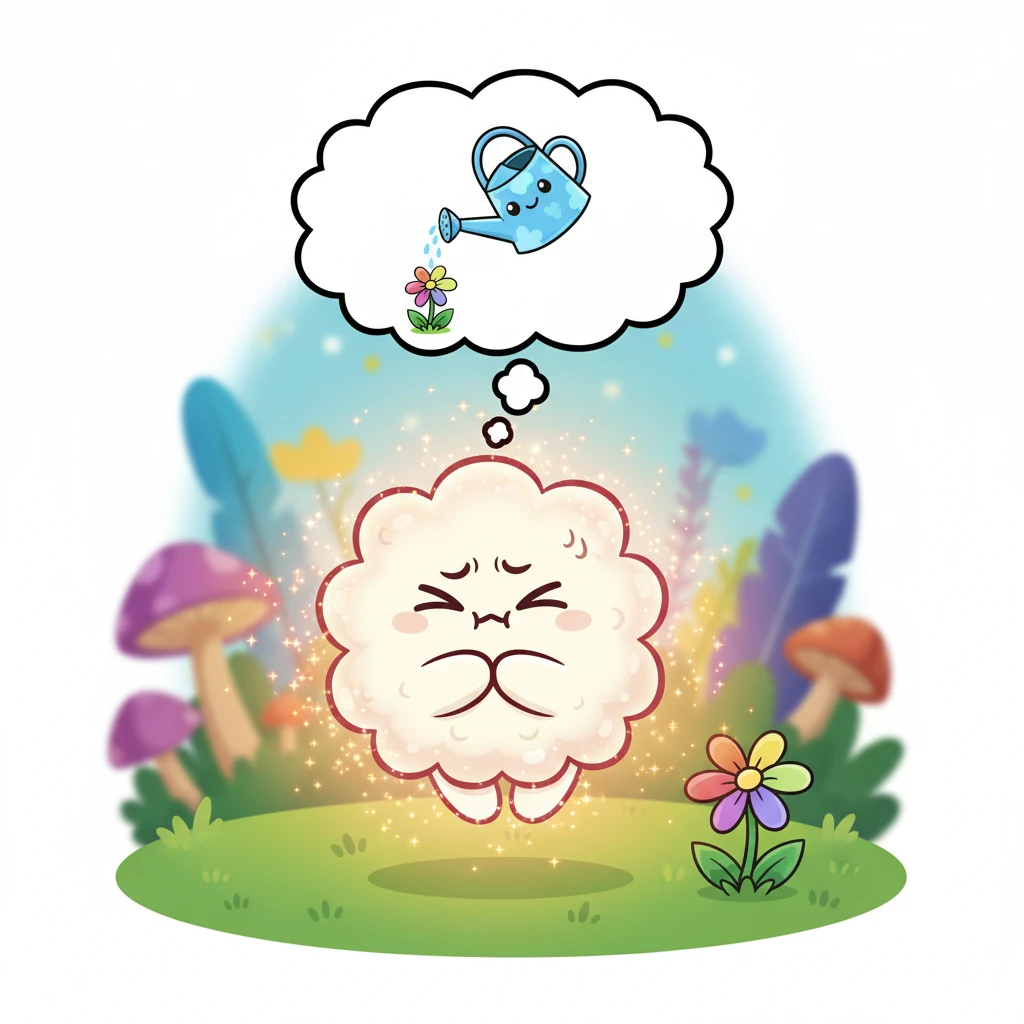 Puffy closed its eyes tightly, scrunching its fluffy brows in concentration. It imagined a tiny watering can pouring water over the flower, wishing wi