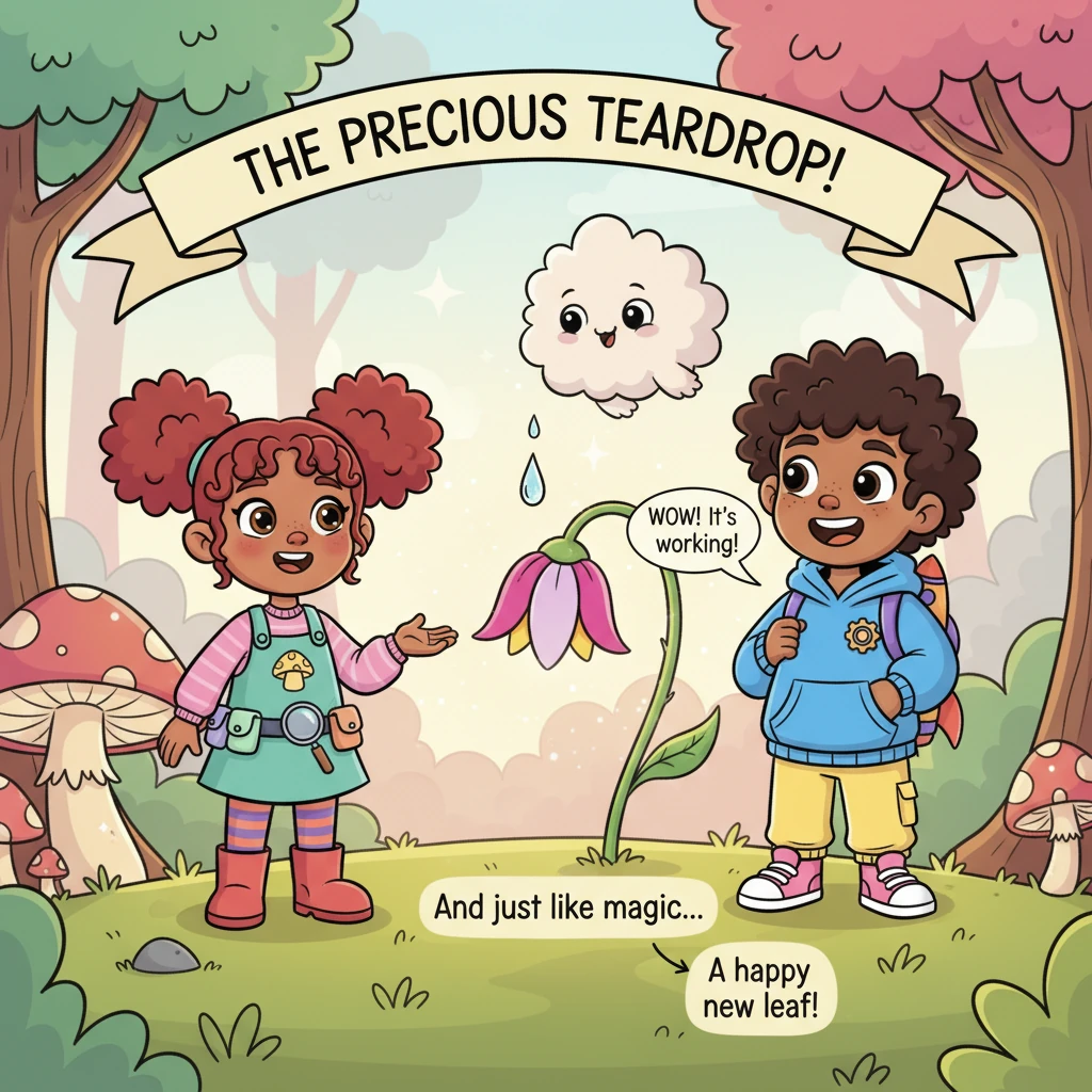 The precious teardrop landed softly on one of the wilting flower's drooping petals. As if by magic, the flower slowly began to uncurl and lift its hea